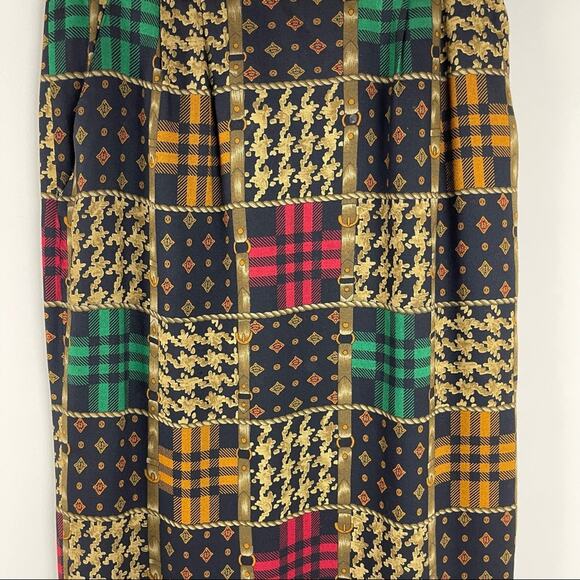 Vintage blue tan wool bridle equestrian plaid 80s 90s midi skirt small - Picture 4 of 8